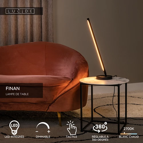 Lucide FINAN - Lampe de table - LED Dim. - 1x12W 2700K - Noir - USP